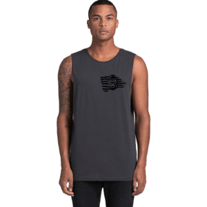 ASHES Charcoal grey muscle T with Black ZUU Flag in small on front corner.